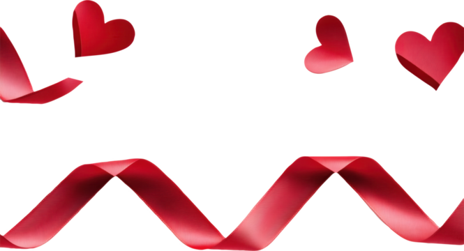 Red ribbon and hearts on transparent background