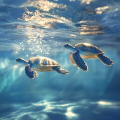Gorgeous turtles gliding effortlessly through pristine ocean water high resolution image