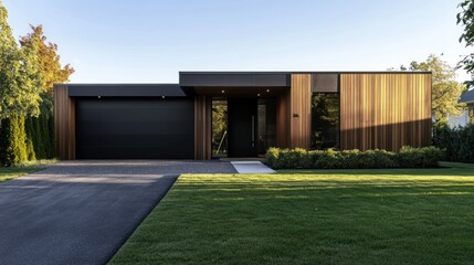 Obraz premium Contemporary Single-Story Residence with Wood Cladding and Black Garage Door