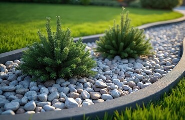 Flower bed with stone chips, green plants. Landscaping design with decorative round rocks. Modern garden decor elements on lawn. Residential yard concept. Decorative pebble path, marble granite stone.