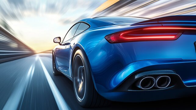 Blue sports car driving fast on highway motion blur automotive design performance vehicle auto industry