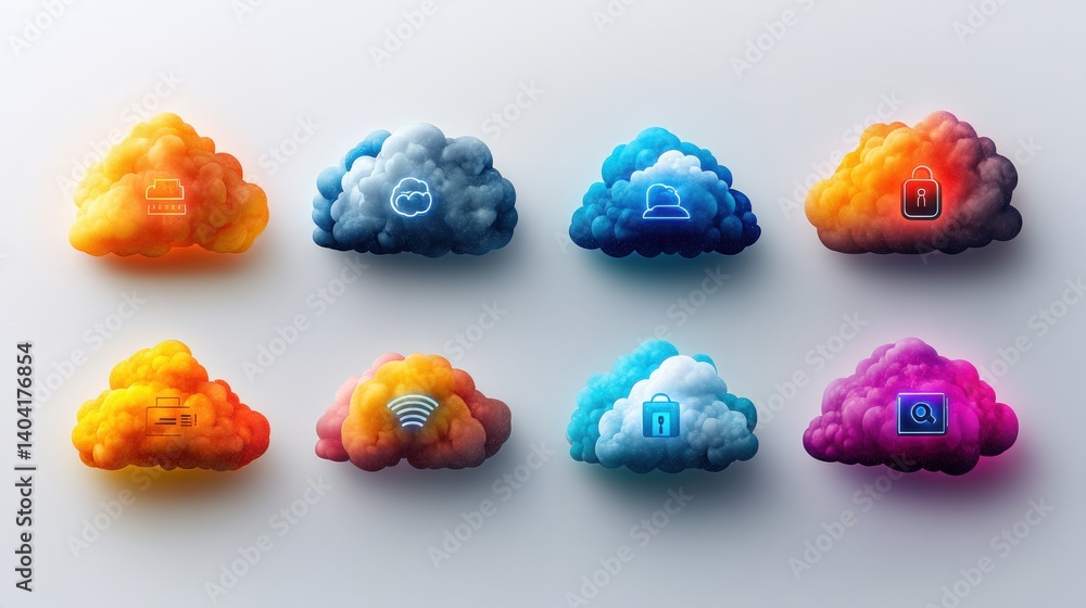 Aufkleber colorful cloud icons representing various digital services and security features on a gradient backg