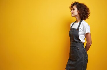 Young woman waiter in denim apron looks away. Girl barista smiles. Smiling female in studio. Happy employee posing in restaurant. Portrait of beautiful waitress, occupation, career.