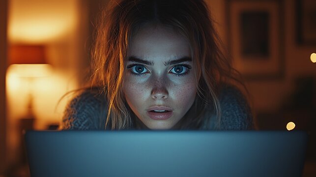 Close up of person watching flat Earth documentary their laptop their facial expression gradually changing disbelief frustration scene set dimly lit room the screen's glow reflecting off their face