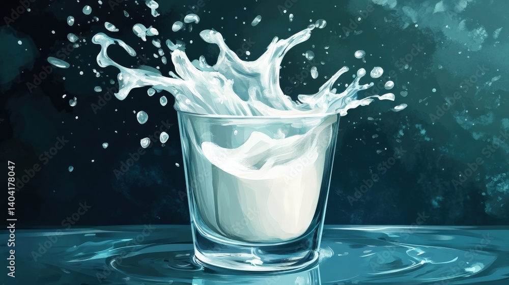 Poster splash of milk in a glass creating dynamic patterns against a dark background
