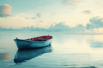 Naklejka premium Calm, serene scene of a small boat on tranquil water at sunrise