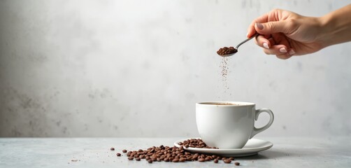 Woman adds instant coffee to white mug. Hand holding teaspoon pours coffee powder into cup. Grey stone table, coffee beans on saucer and table. Morning routine at kitchen.