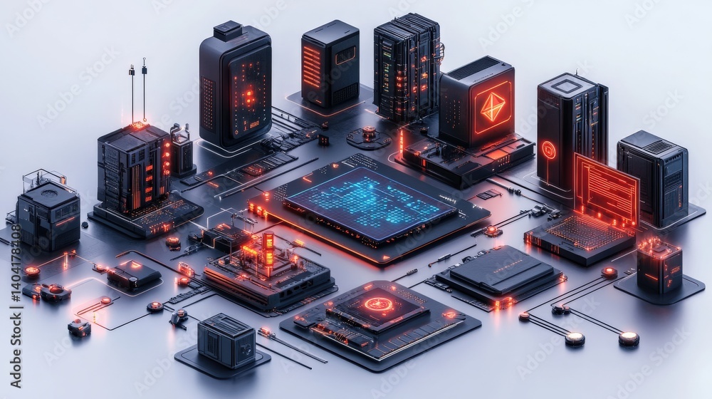 Aufkleber futuristic digital technology landscape with glowing circuits and data processing units