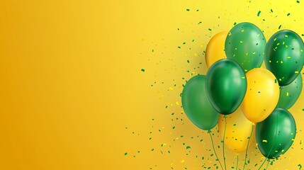Green and yellow balloons with confetti on bright background. Festive decoration for Brazilian independence day, carnival or sports event. Copy space.