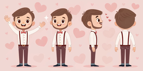 Cartoon-Man-With-Beard-And-Bow-Tie-Various-Views-Vector