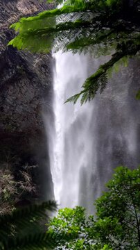 Close-Up of Bridal Veil Falls &ndash; Powerful Waterfall in Lush New Zealand Forest