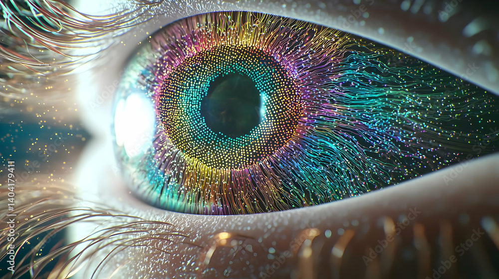 Aufkleber close up view of a human eye with colorful digital network patterns and glowing effects