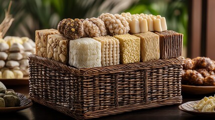A rustic wicker basket overflows with a variety of delicious-looking sweets and candies perfect for gifting or enjoying a special occasion. 