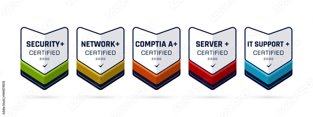 Poster modern computer certified badge set. technology certification emblem for digital learning.