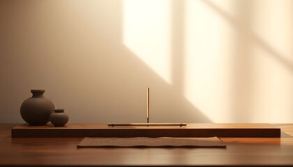 table with a vase and a pen on it