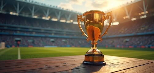 Golden winner trophy stands stadium on wooden table, sunlight highlights metal cup. Soccer match in background, players fighting for victory, competition, success. Award, championship, winning moment.