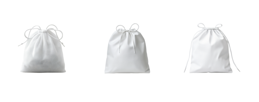 white cloth bags in a row with drawstring closure for organized storage solutions