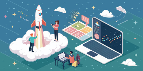 Startup_Rocket_Cloud_Team_Work_Data_Analysis_Isometric