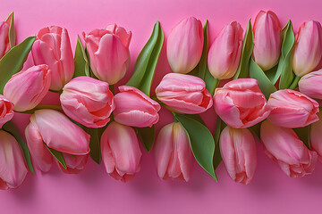 Obraz premium Pink Tulip Border Banner for Mother's Day Greeting Card Template