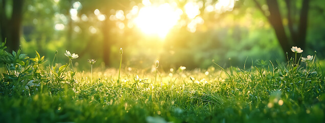 Spring or Summer Meadow Banner with Sunlight, Trees, and Green Grass