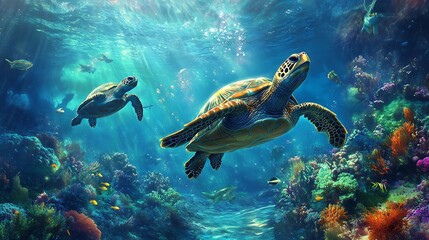 Graceful turtles swimming in serene ocean waters with filtered light high resolution image