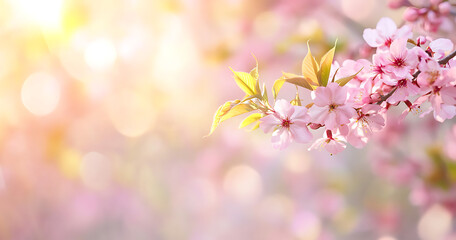 Spring background with cherry blossoms and sunlight
