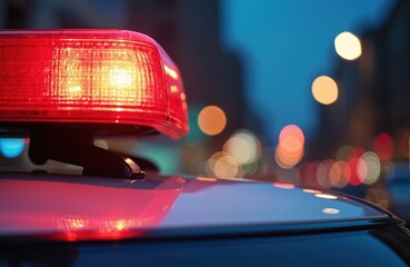 Close-up red flashing sirens top of police car against blurred urban background at night. Emergency vehicle, law enforcement. Warning light signals public safety. Crime scene alert. Night patrol.