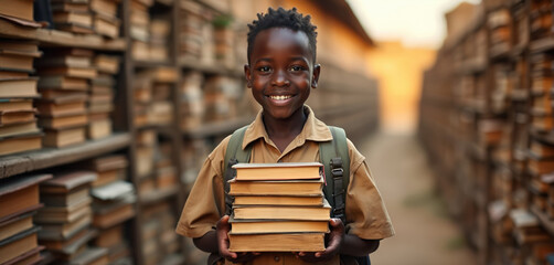 Happy african boy holding books smiles. The child stands against library background. Education learning concept. Smiling black child with school books, looking at the camera with optimism.