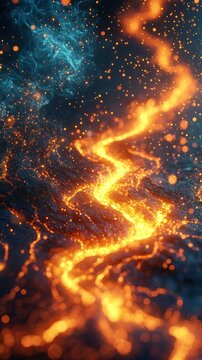 Fiery trail winding through a dark landscape, sparkling with bright energy