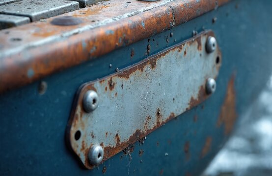 Close-up of corroded metal plate on yacht hull. Zinc anode protects against rust, salt water corrosion, electrochemical reaction. Boat maintenance, maritime transportation.