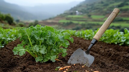 Fresh garden plot with shovel, greens, and carrots on a lush hillside farm