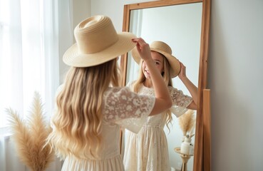 Teenage girl tries on straw hat front of mirror. Blond young woman is happy. Lady wears summer dress. Interior decor with pampas grass, home, fashion, style.
