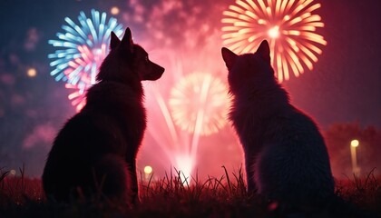Silhouette of dog, cat watching colorful fireworks display at night. Animals enjoy festive event, holiday celebration, together. Night sky background, bright lights. Friendship, companionship,