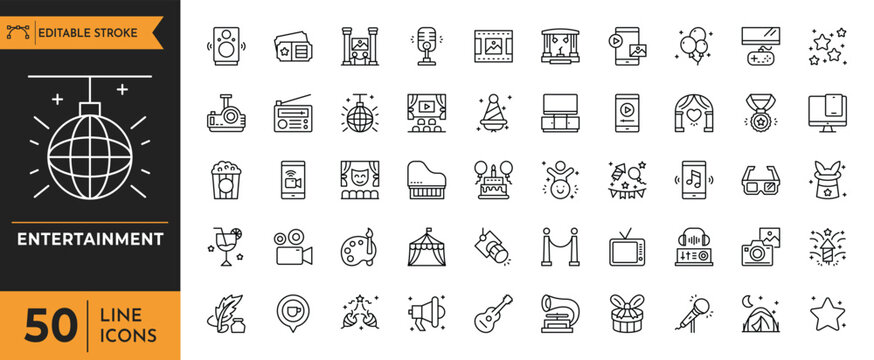 Entertainment icon set. Containing Theater, cinema, video, dance, theater, game, and more. Vector illustration