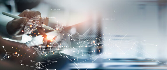 Internet network connection, digital technology, big data, digital marketing IoT internet of things. Woman using mobile phone and laptop computer surfing internet, innovative technology background