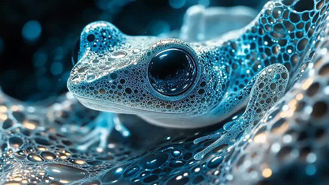 Close-up of a vibrant blue frog resting on a textured surface with abstract patterns in the background