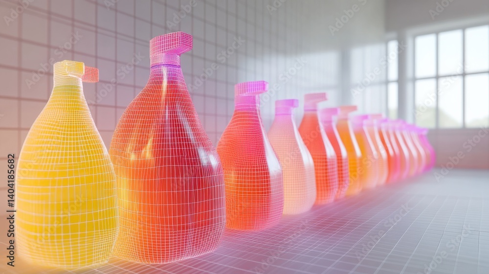 Poster colorful array of translucent spray bottles lined up on a tiled surface in a well-lit room