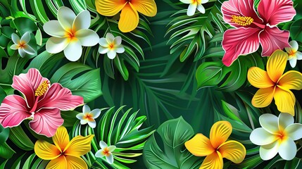 Obraz premium Lush botanical background featuring vibrant exotic flowers in natural sunlight