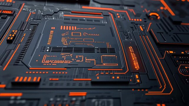 Futuristic circuit board glowing orange, tech background, digital design
