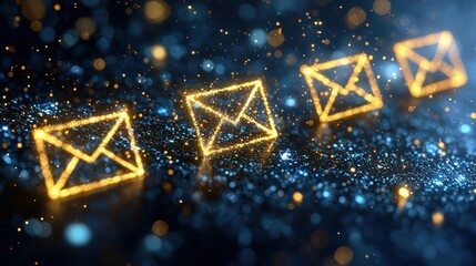 Glowing mail icons over dark, sparkling blue and gold. Message delivery concept