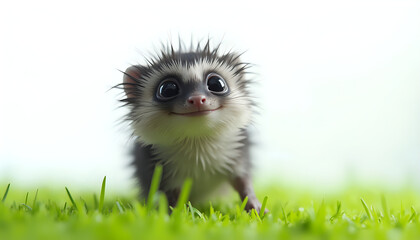 Fototapeta premium A small baby hedgehog standing on top of a lush green field.