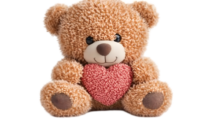Adorable Teddy Bear Holding Red Heart Toy Isolated on Transparent Background