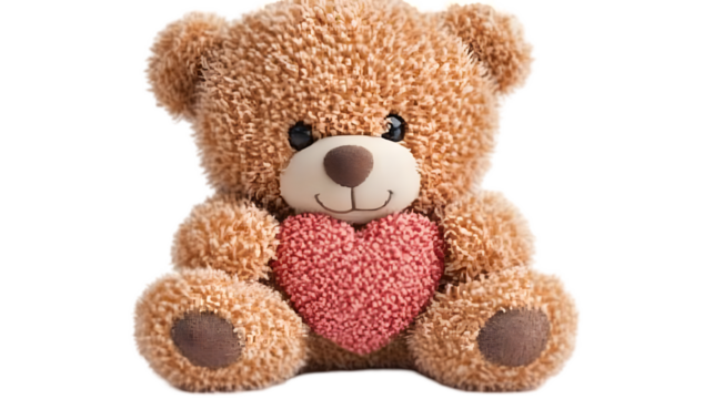 Adorable Teddy Bear Holding Red Heart Toy Isolated on Transparent Background