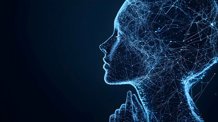 Digital Profile Silhouette of Woman with Glowing Blue Particles in Dark Background