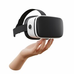 Hand holding a virtual reality headset, showcasing its design and features. The headset appears to have a black and white color scheme with a strap for securing it on the head.