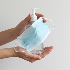 Hands holding a bottle of hand sanitizer and a disposable face mask against a plain background.