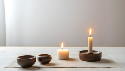 couple of candles sitting on top of a table