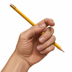 Hand holding a yellow pencil with a pink eraser at the top. The hand appears to be in the middle of writing or drawing.