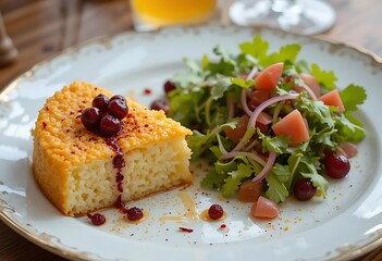 Rice Cake and Salad on Plate Garnished with Berries