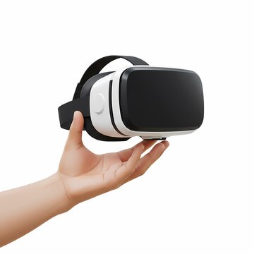 Hand holding a virtual reality headset, showcasing its design and features. The headset appears to have a black and white color scheme with a strap for securing it on the head.